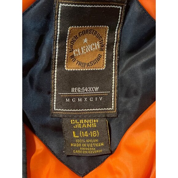 Men CLENCH JEANS Bomber Jacket L Black Orange Nylon Front Zipper  Pocket Ribbed - Picture 10 of 13